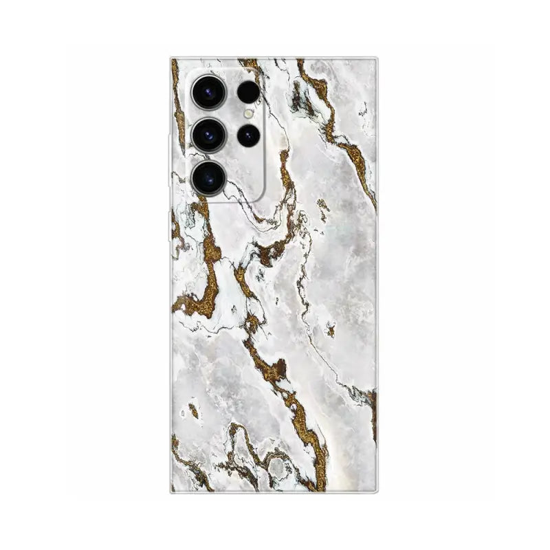 a white marble phone case with a gold and silver marble pattern
