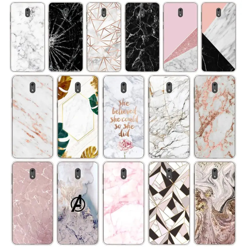 a set of six different marble phone cases with different designs