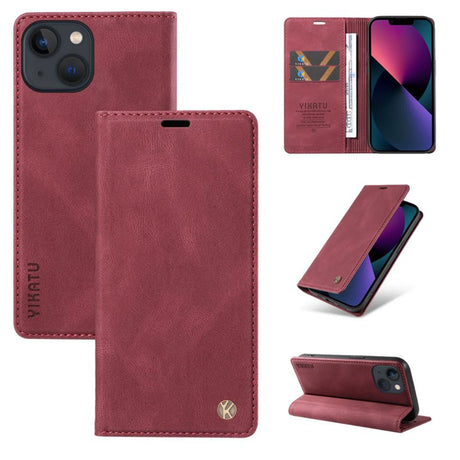 Maroon leather-look iPhone wallet case with card slots and kickstand feature.