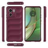 A maroon silicone phone case with a raised camera bump and a textured, ribbed back, shown from multiple angles.