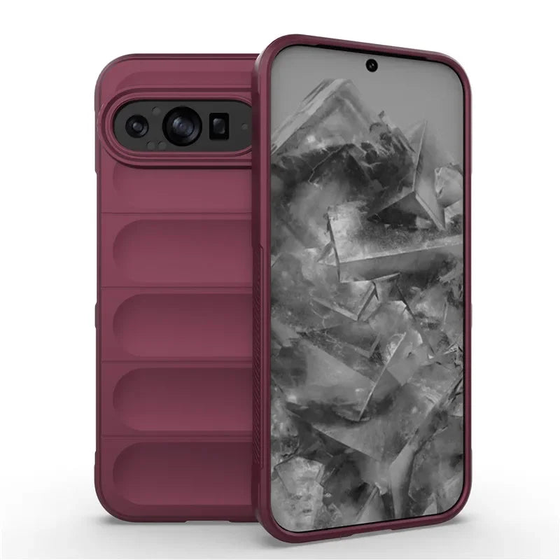 Maroon smartphone in a protective case, featuring a camera bar and an abstract wallpaper.