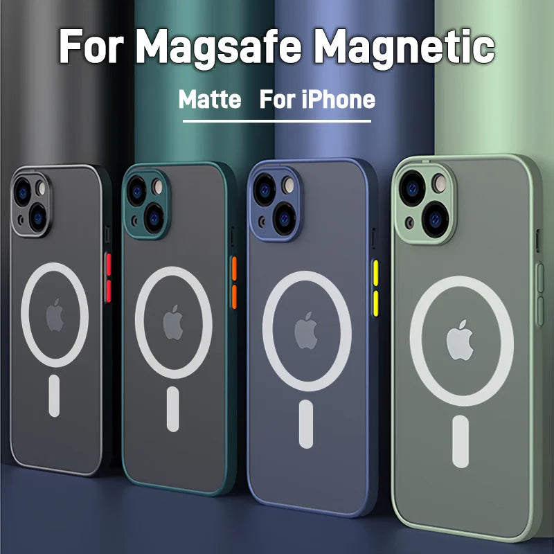 Matte iPhone cases with MagSafe magnetic charging compatibility in various colors.