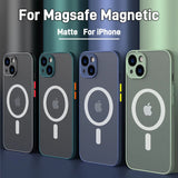 Matte iPhone cases with MagSafe magnetic charging compatibility in various colors.