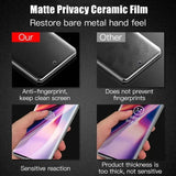 Matte privacy ceramic film for smartphone screens, showcasing its anti-fingerprint and sensitivity features compared to other products.