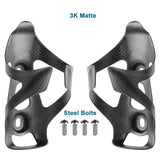 a pair of black carbon fiber bottle holders with screws