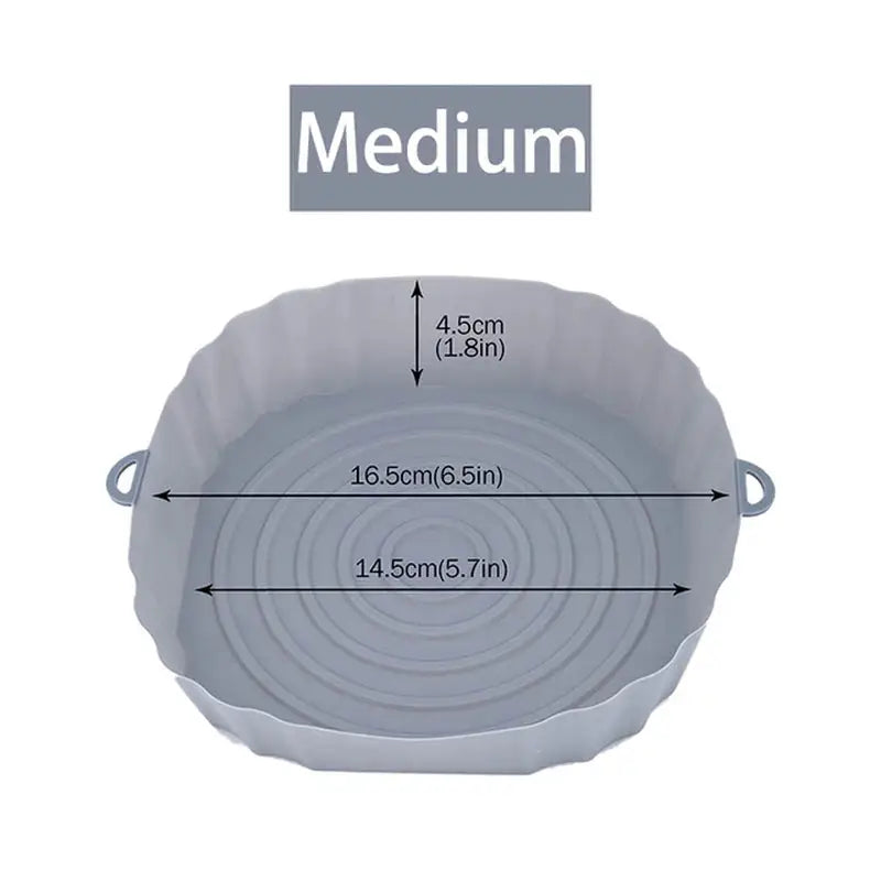 the measurements of a large, round, grey, ceramic dish