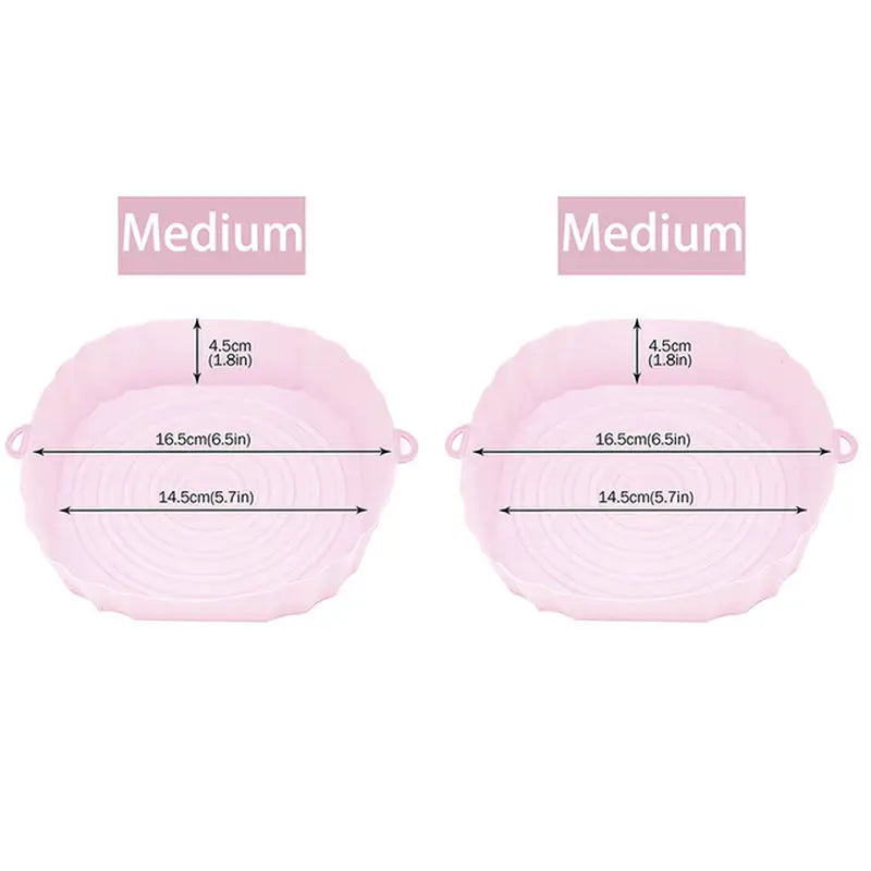 two pink plastic dishes with measurements for each of them