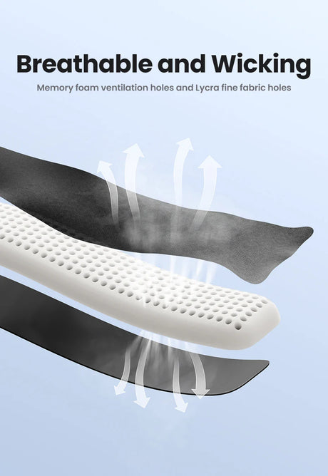 Memory foam insole with ventilation holes and a wicking fabric layer.