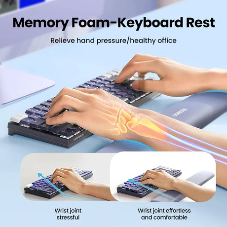 Memory foam keyboard rest designed to relieve hand pressure and promote wrist comfort during typing.