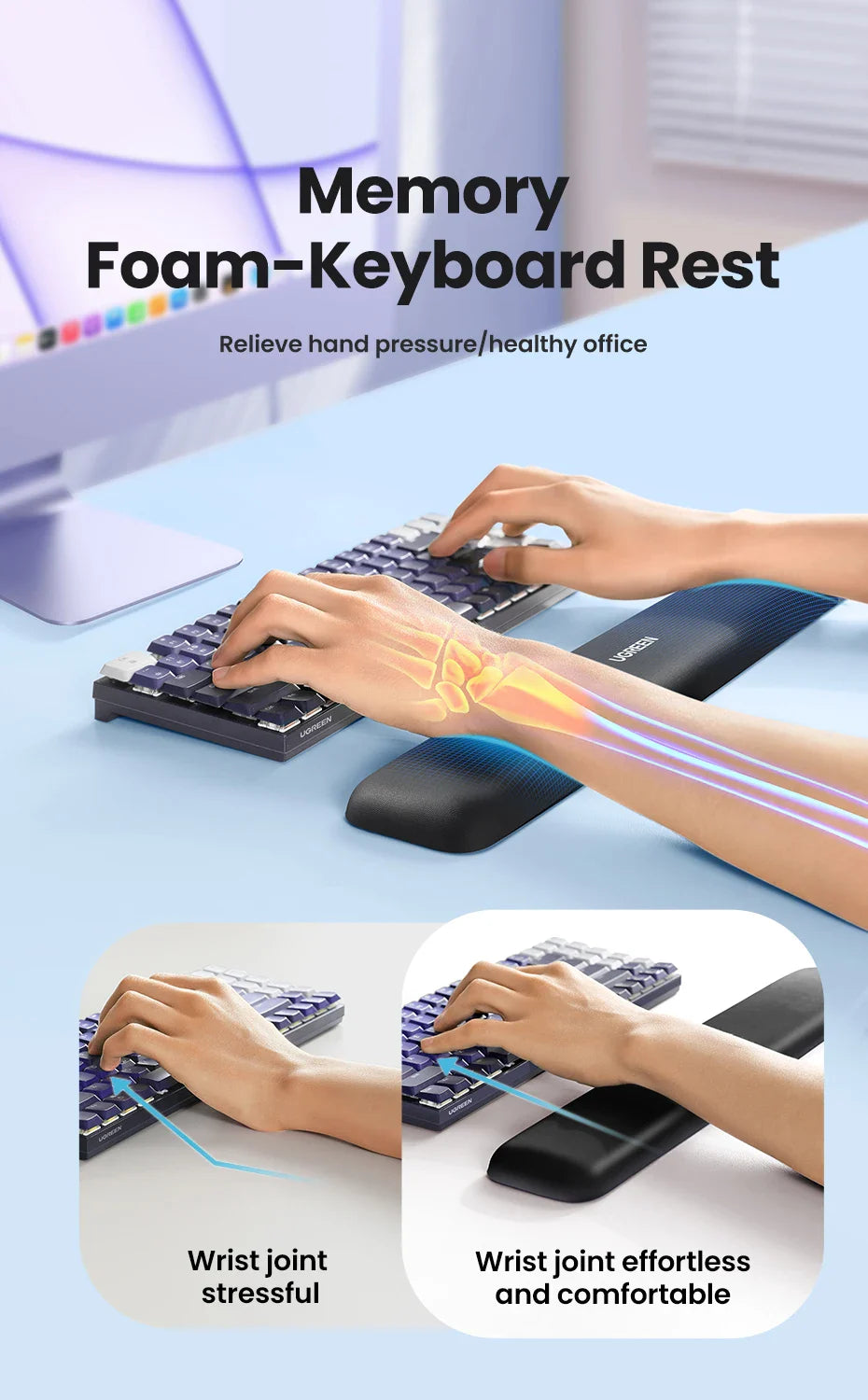 Memory foam keyboard wrist rest for ergonomic typing support.