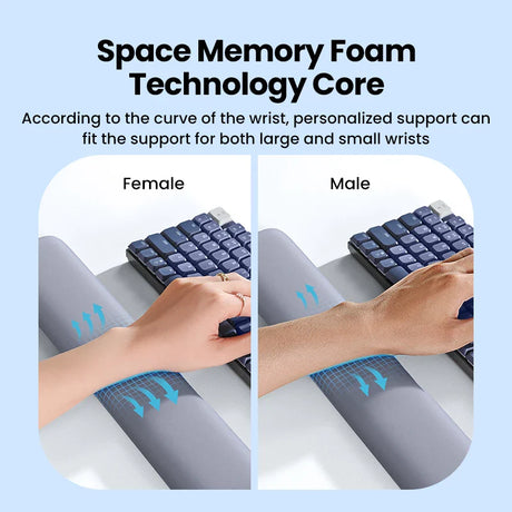 Memory foam wrist rest for keyboard ergonomics, shown in two sizes for different users.