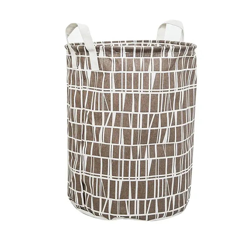 the brown and white geometric pattern on this laundry basket is perfect for a small space