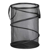 a black mesh trash can with a handle and handles