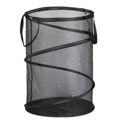 a black mesh trash can with a handle and handles