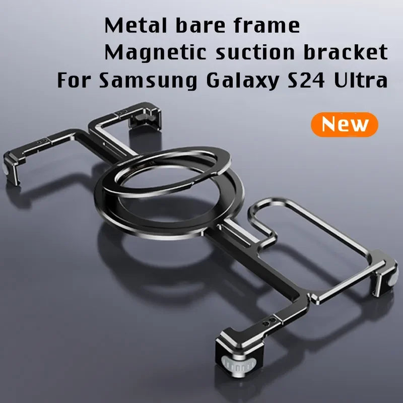 Metal frame with a circular center and magnetic suction brackets designed for the Samsung Galaxy S24 Ultra.