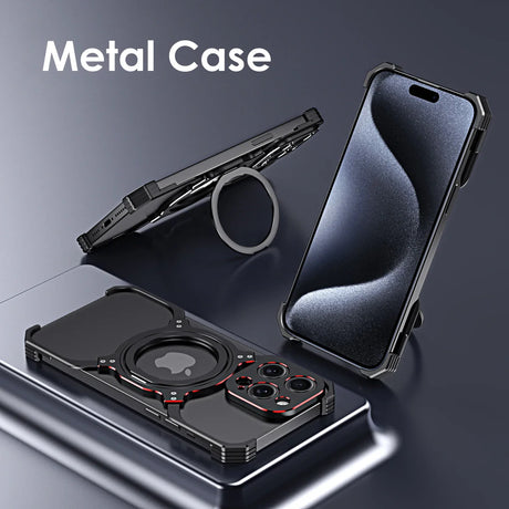 Metal smartphone case with a built-in ring holder and camera lens protection.