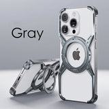 Metallic gray iPhone case with a circular magnetic attachment and reinforced corners.