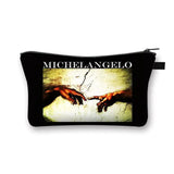 a black zipper bag with a picture of two hands reaching each other zipper bags are also available
