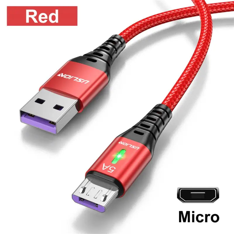 a red micro usb cable with a micro usb cable attached