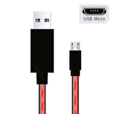 a close up of a usb micro usb cable with a red light