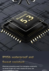 Microchip labeled ’Bluetooth 5.3’’ with IPX56 waterproof and sweat-resistant rating.