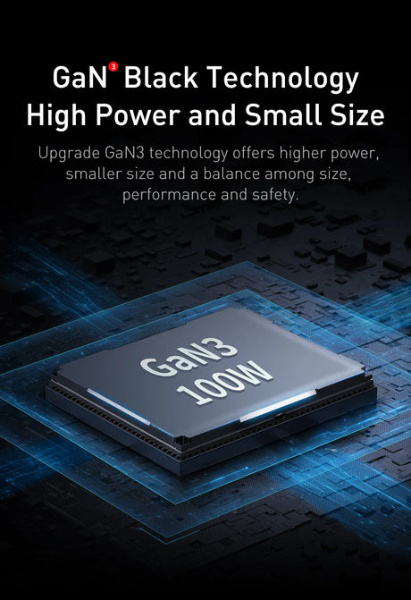 Microchip or processor labeled ’GaN3 100W’ with blue lighting effects.