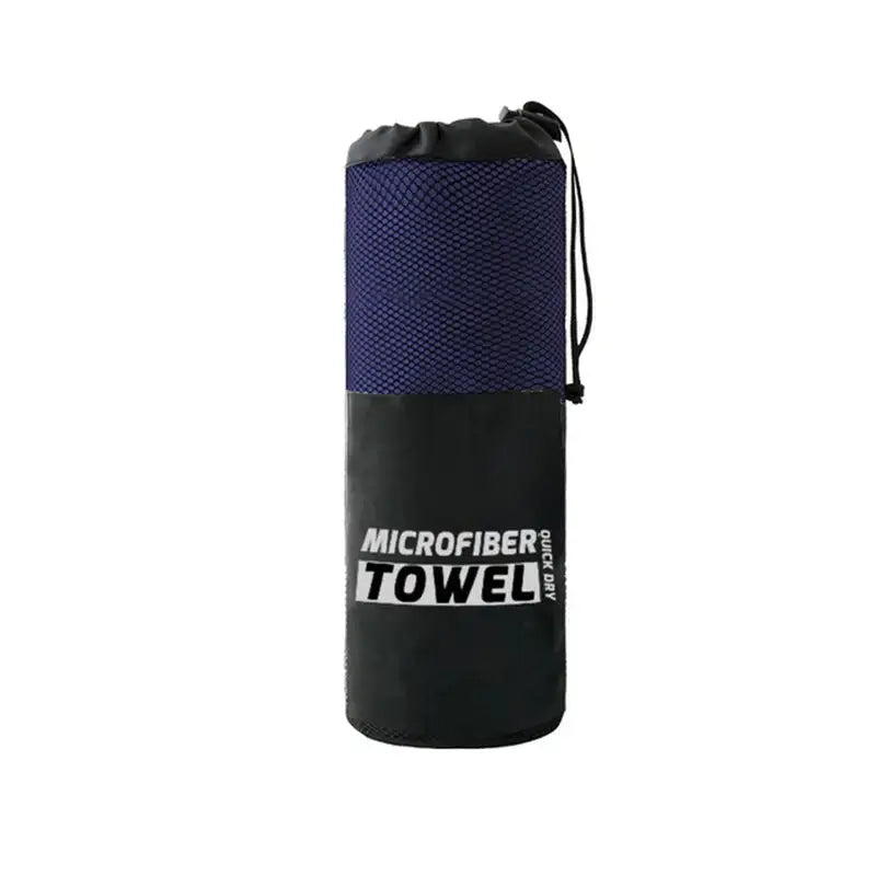 the micro towel is a blue towel with a black and white logo
