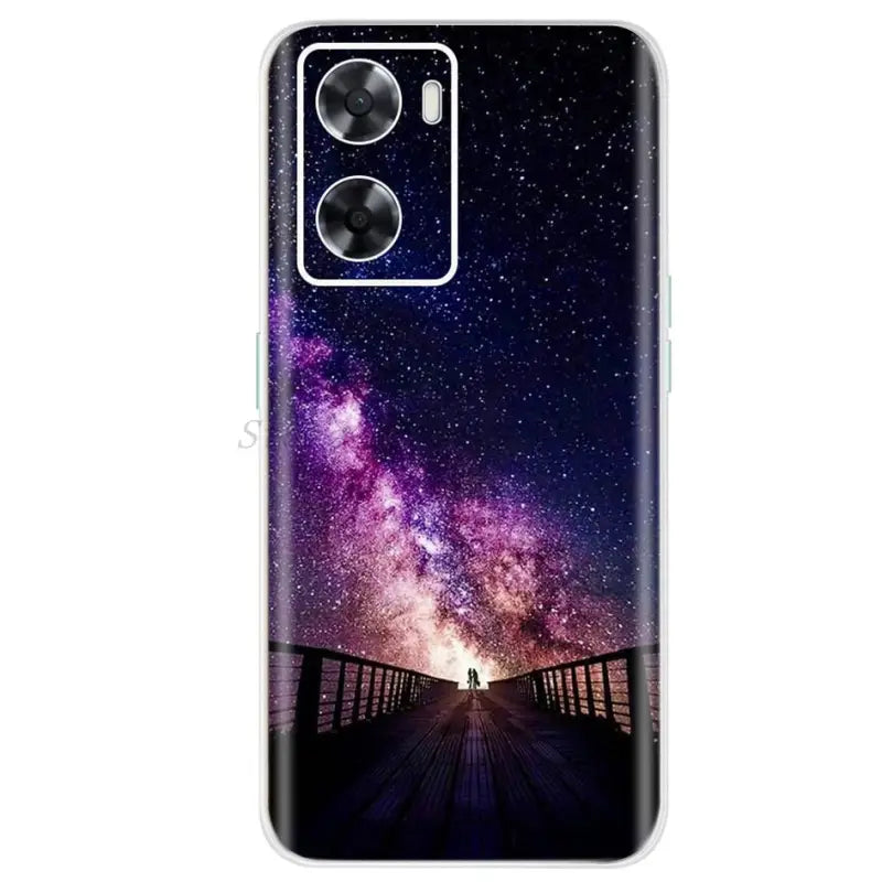 a purple and black galaxy case with a bridge and stars