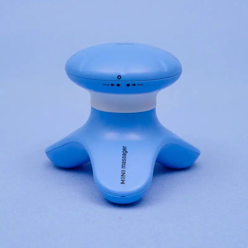 a blue and white plastic toy with a small head