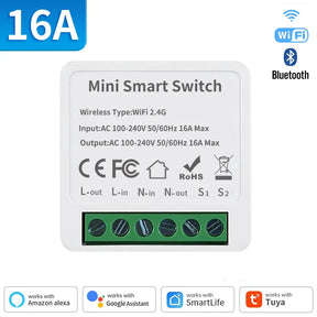 Mini smart switch with WiFi and Bluetooth connectivity.