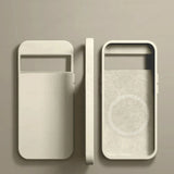 Minimalist white smartphone case with a sliding cover design.