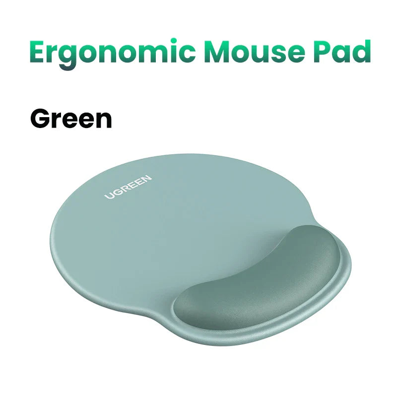 Mint green ergonomic mouse pad with a wrist rest.