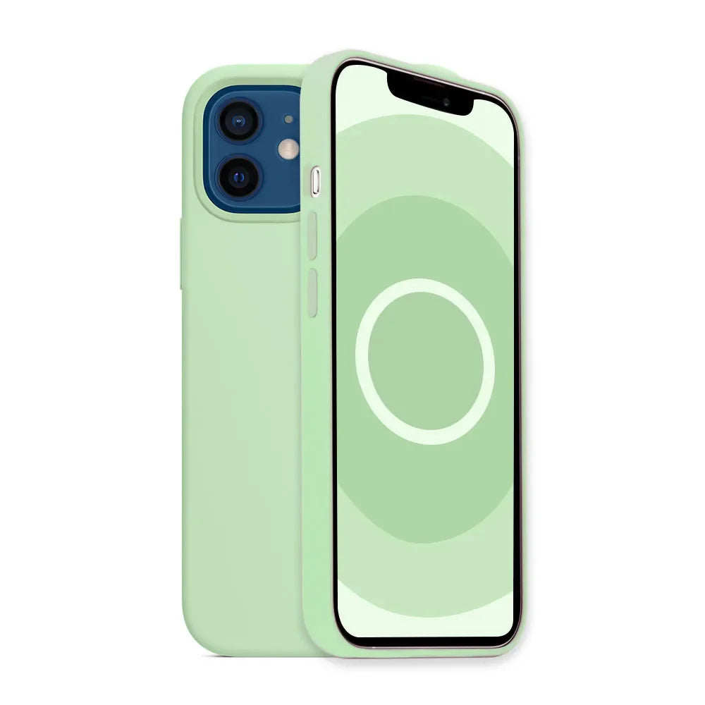 Mint green iPhone with dual rear cameras and a matching case.