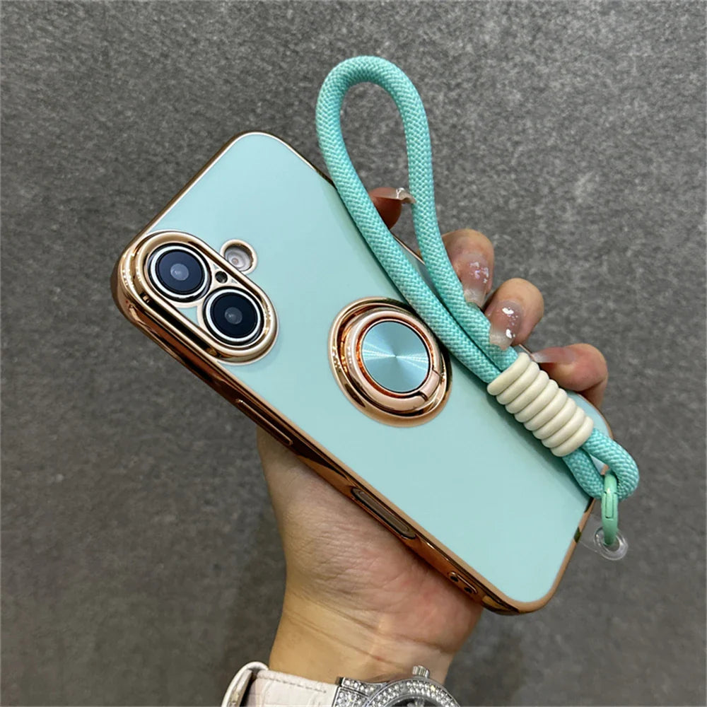 Mint green phone case with gold accents and a turquoise rope strap.