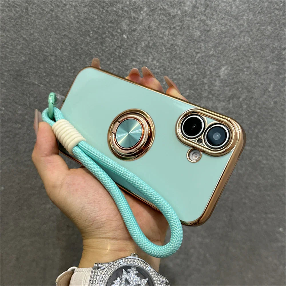 Mint green phone case with wrist strap.