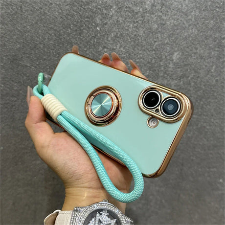 Mint green phone case with wrist strap.