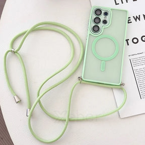 Mint green phone case with crossbody strap.