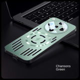 Mint green phone case with a transparent camera ring, a circular magnetic charging area, and slotted details.