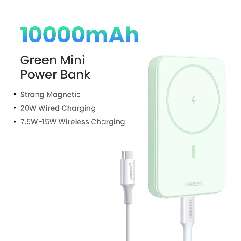 Mint green rectangular power bank with magnetic wireless charging capability.