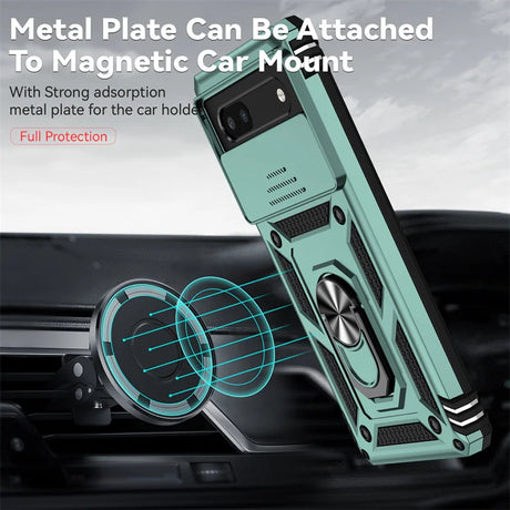 Mint green smartphone case with a built-in magnetic car mount attachment.