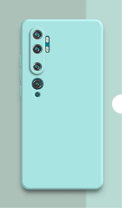 Mint green smartphone with four rear cameras arranged vertically.