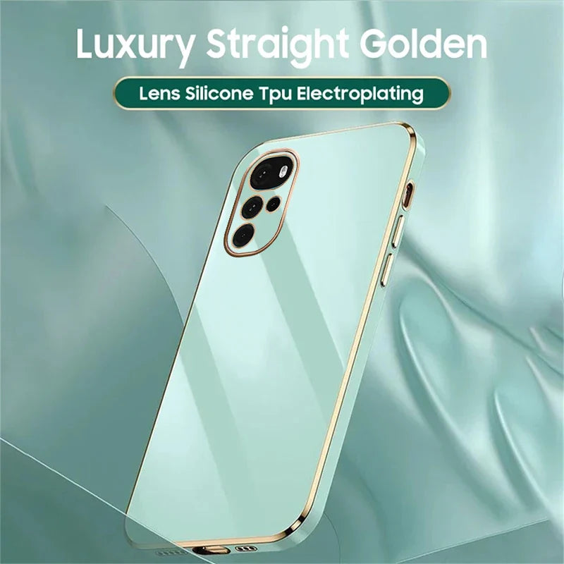 Mint green smartphone with a golden frame and triple camera setup.