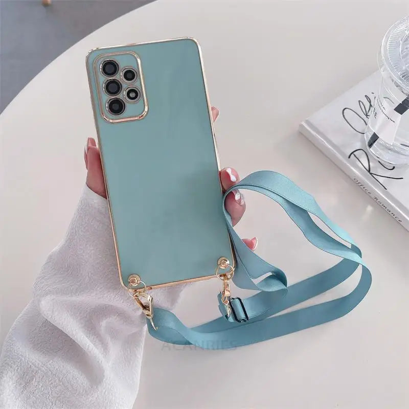 Mint green smartphone with a matching ribbon strap attached.