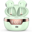 Mint green wireless earbuds in a charging case with a digital display.