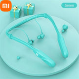 Mint green wireless neckband earphones with the Xiaomi logo visible.