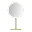 a mirror on a stand with a light green base