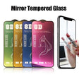 a person holding a cell phone with the text mirror tempered glass