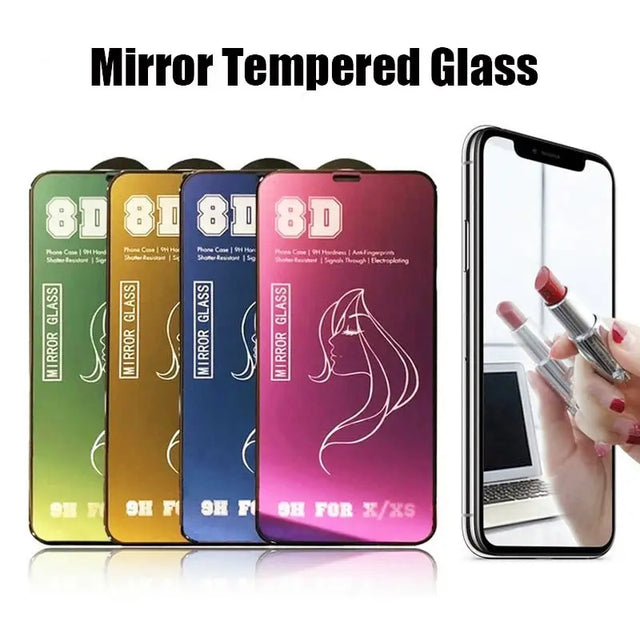 a person holding a cell phone with the text mirror tempered glass