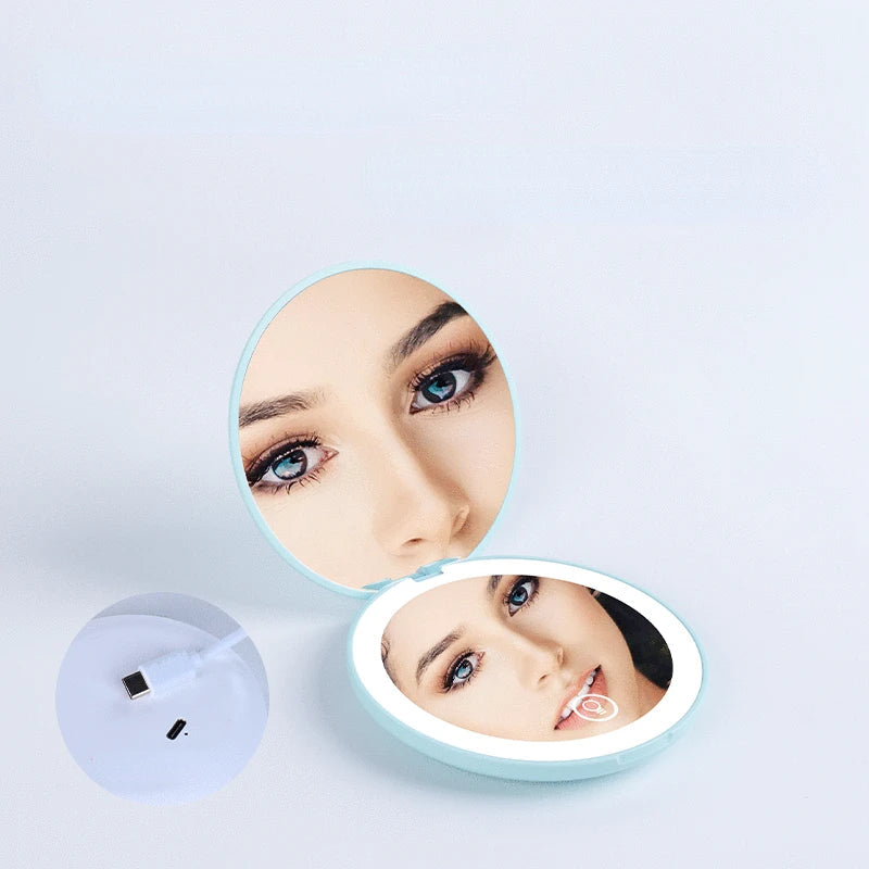 a mirror with a woman’s face in it