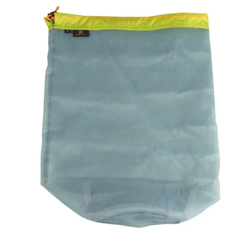 a grey bag with yellow zipper